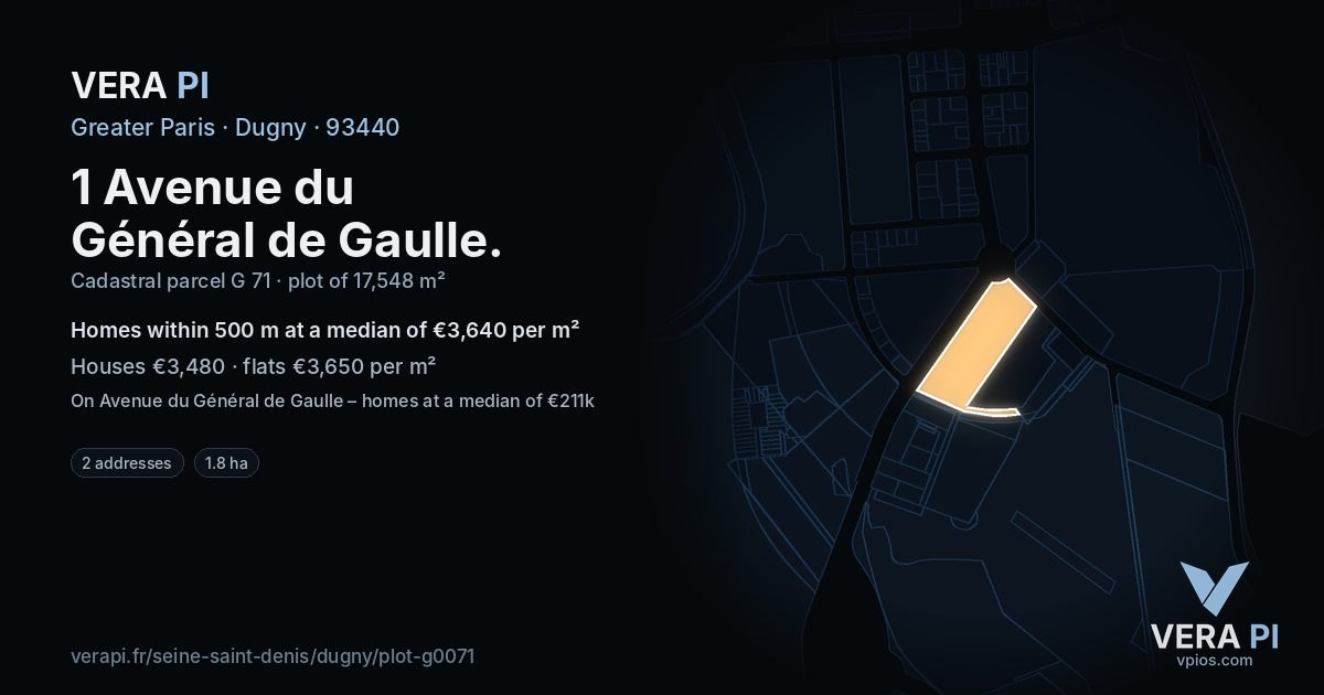 1 Avenue du Général de Gaulle, Dugny at night – the plot lit, the parcels around coloured by the prices near them