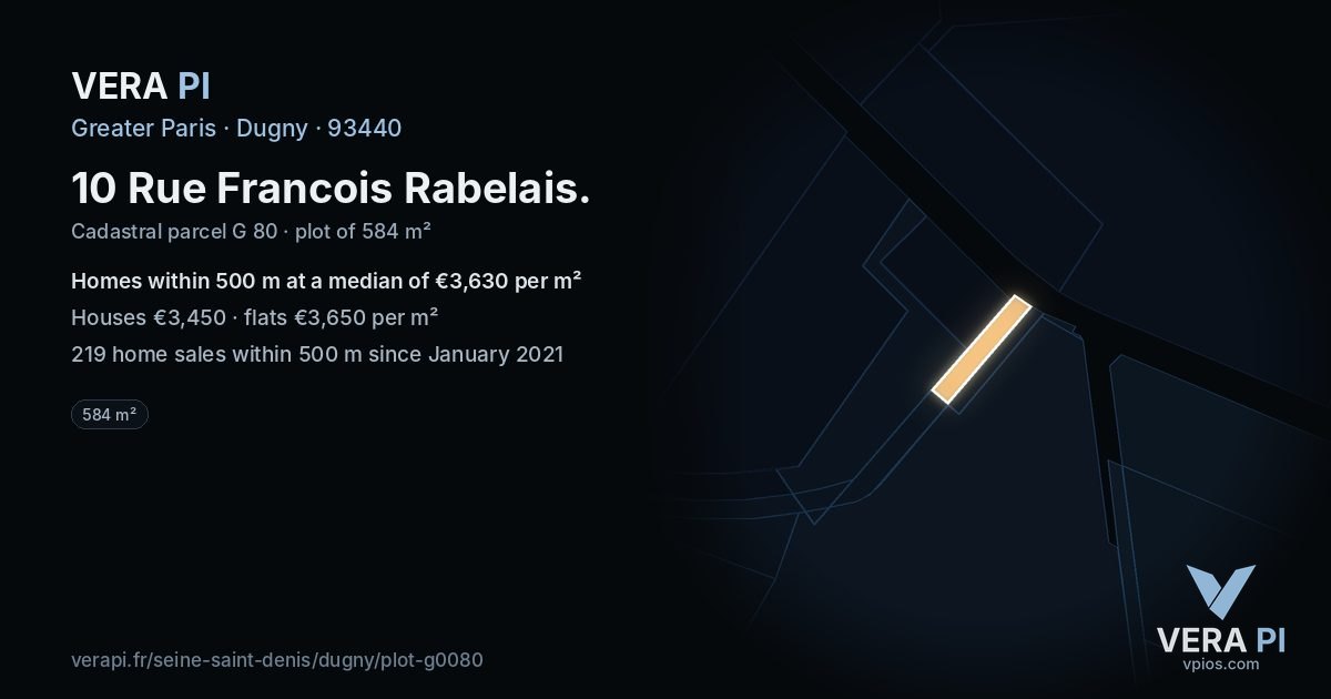 10 Rue Francois Rabelais, Dugny at night – the plot lit, the parcels around coloured by the prices near them