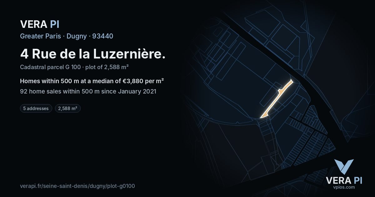 4 Rue de la Luzernière, Dugny at night – the plot lit, the parcels around coloured by the prices near them