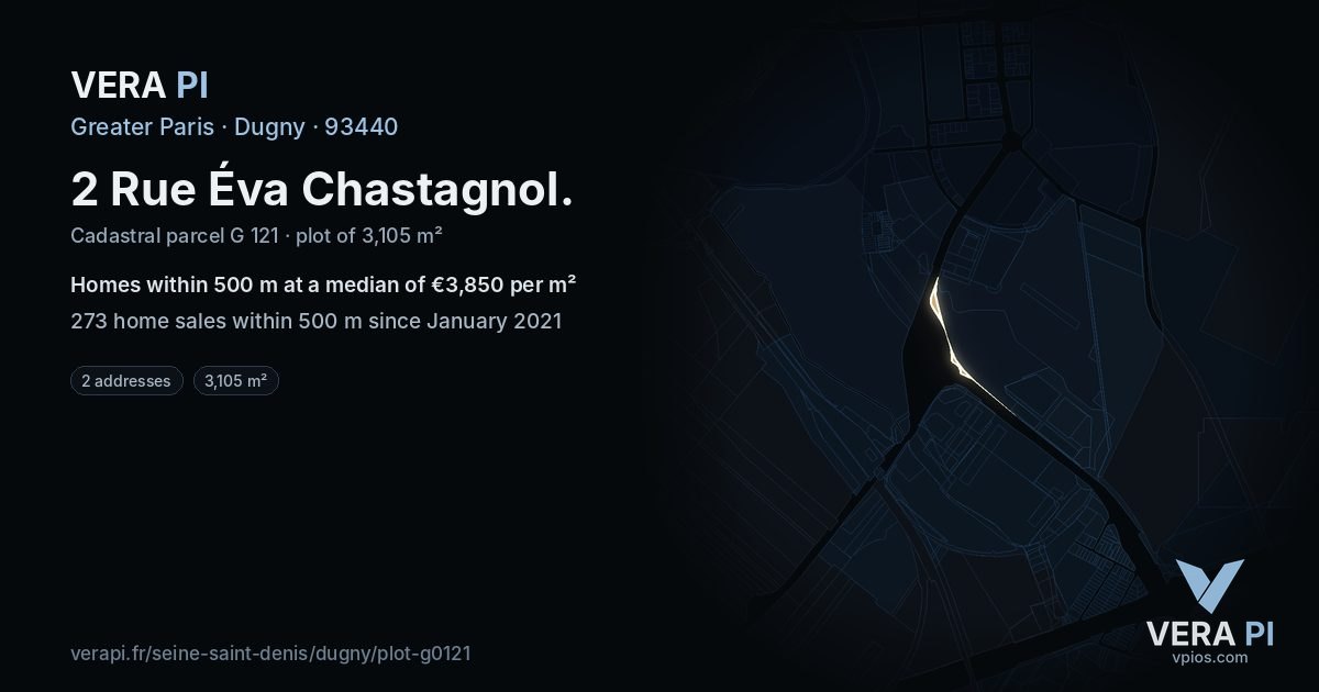 2 Rue Éva Chastagnol, Dugny at night – the plot lit, the parcels around coloured by the prices near them