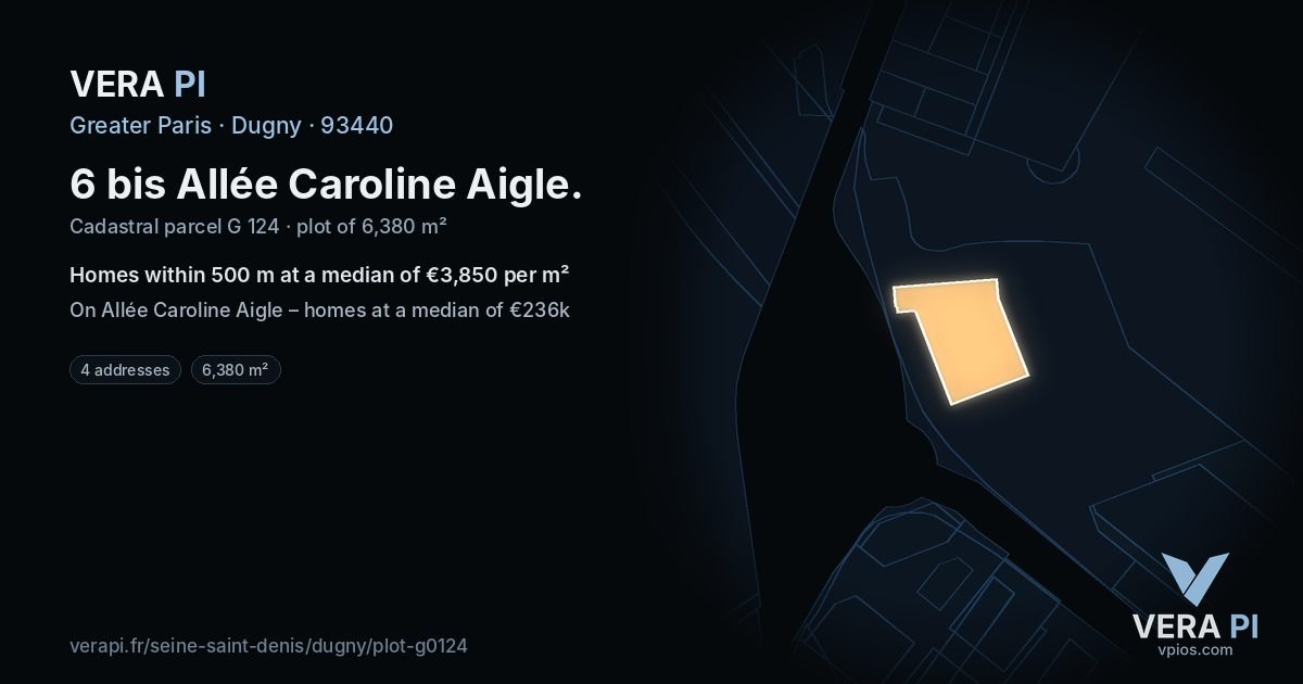 6 bis Allée Caroline Aigle, Dugny at night – the plot lit, the parcels around coloured by the prices near them