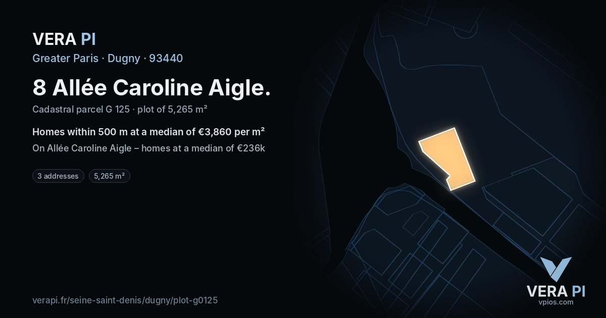 8 Allée Caroline Aigle, Dugny at night – the plot lit, the parcels around coloured by the prices near them
