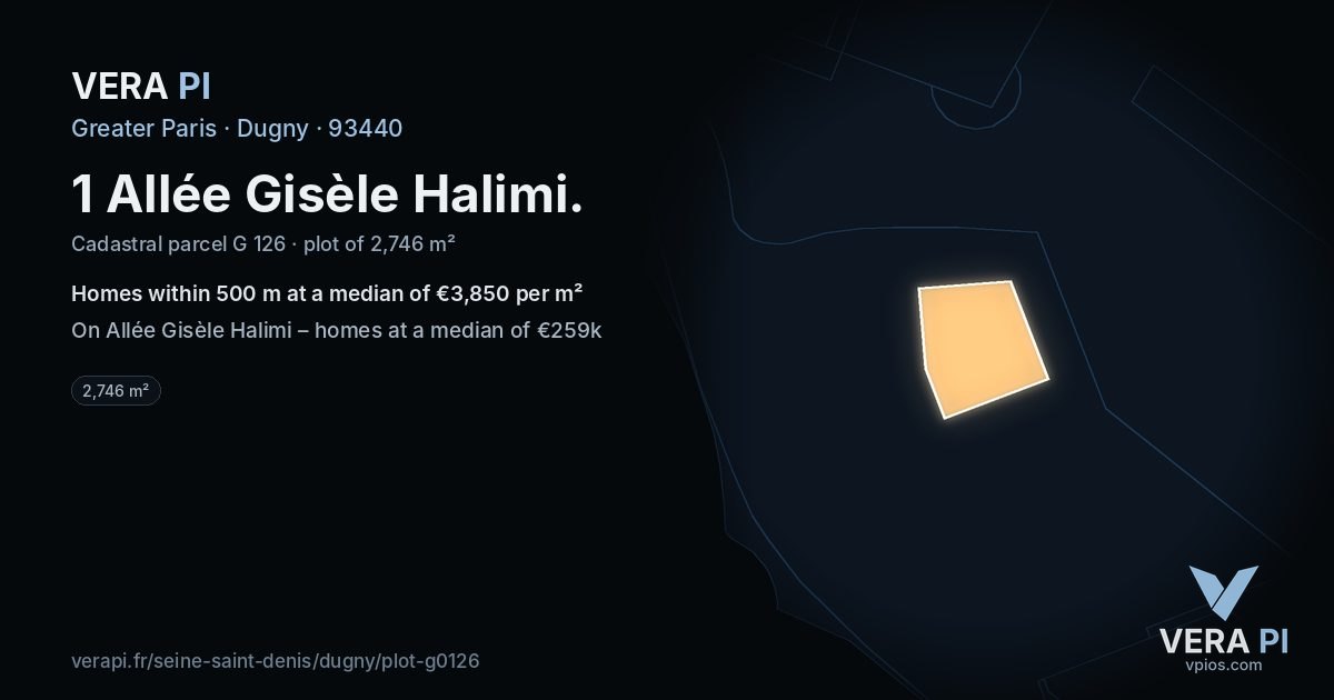 1 Allée Gisèle Halimi, Dugny at night – the plot lit, the parcels around coloured by the prices near them