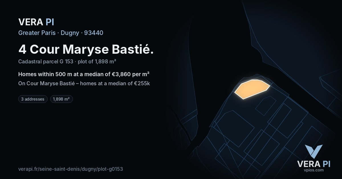 4 Cour Maryse Bastié, Dugny at night – the plot lit, the parcels around coloured by the prices near them