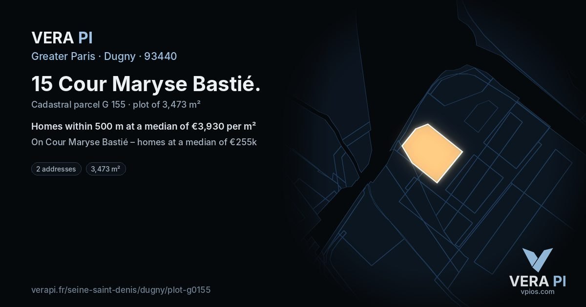 15 Cour Maryse Bastié, Dugny at night – the plot lit, the parcels around coloured by the prices near them