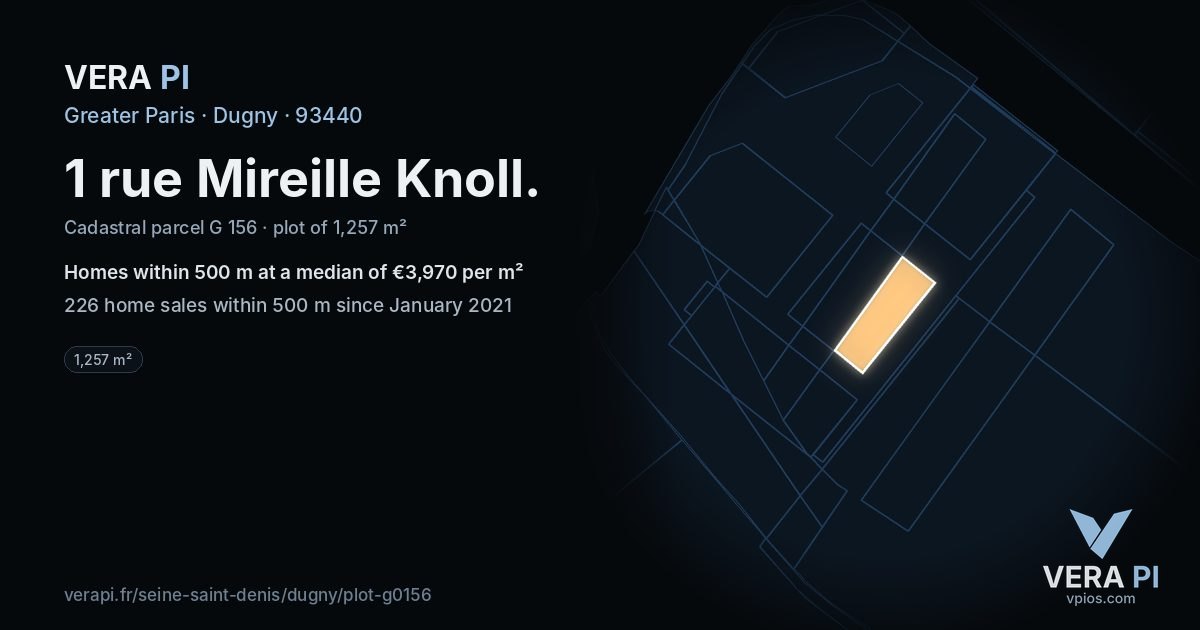 1 rue Mireille Knoll, Dugny at night – the plot lit, the parcels around coloured by the prices near them