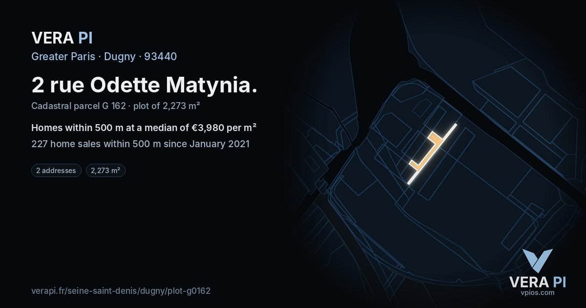 2 rue Odette Matynia, Dugny at night – the plot lit, the parcels around coloured by the prices near them