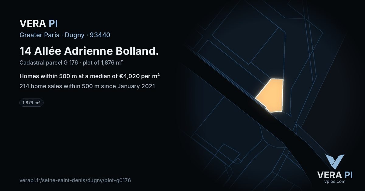 14 Allée Adrienne Bolland, Dugny at night – the plot lit, the parcels around coloured by the prices near them