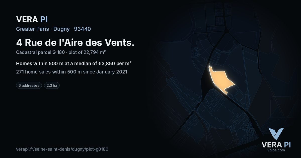 4 Rue de l'Aire des Vents, Dugny at night – the plot lit, the parcels around coloured by the prices near them