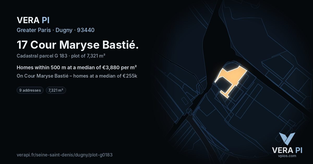 17 Cour Maryse Bastié, Dugny at night – the plot lit, the parcels around coloured by the prices near them