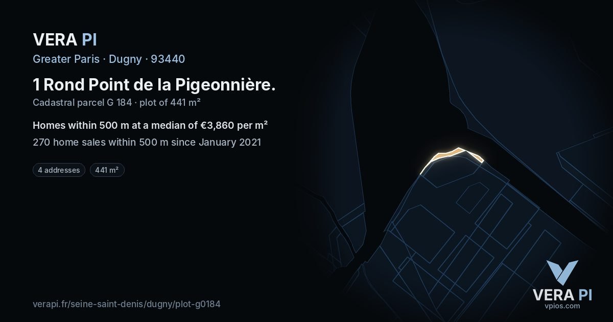 1 Rond Point de la Pigeonnière, Dugny at night – the plot lit, the parcels around coloured by the prices near them
