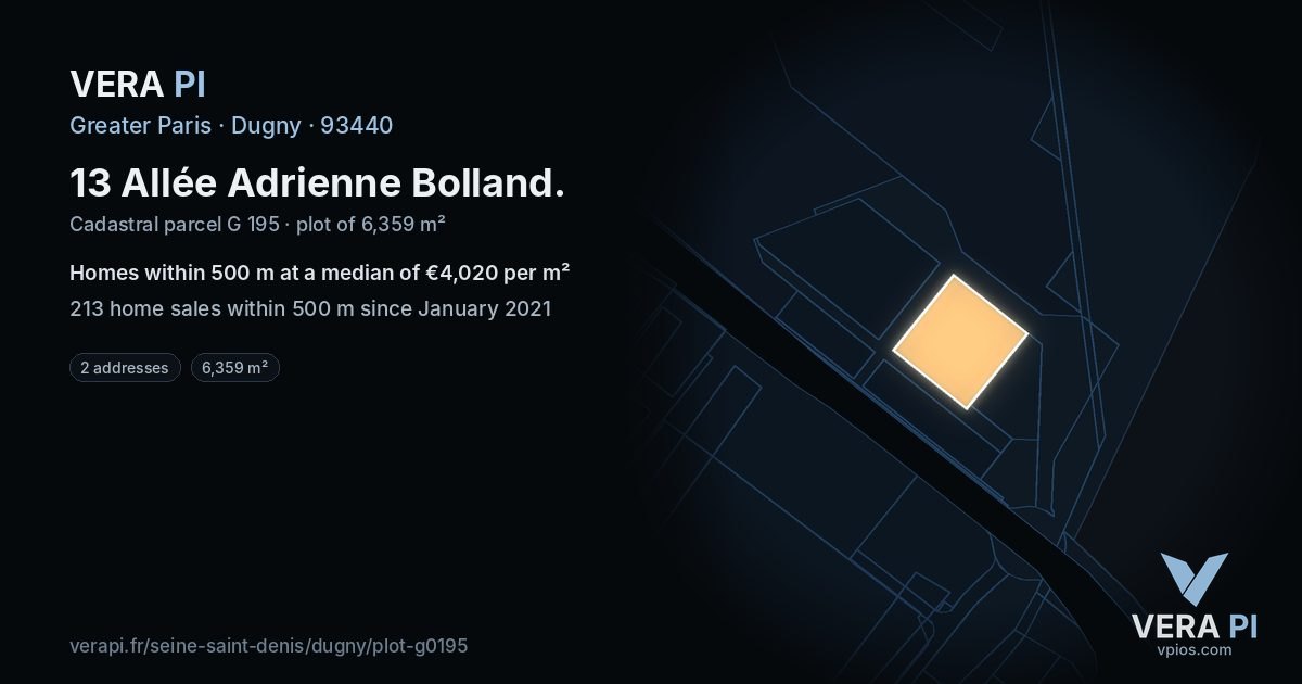 13 Allée Adrienne Bolland, Dugny at night – the plot lit, the parcels around coloured by the prices near them