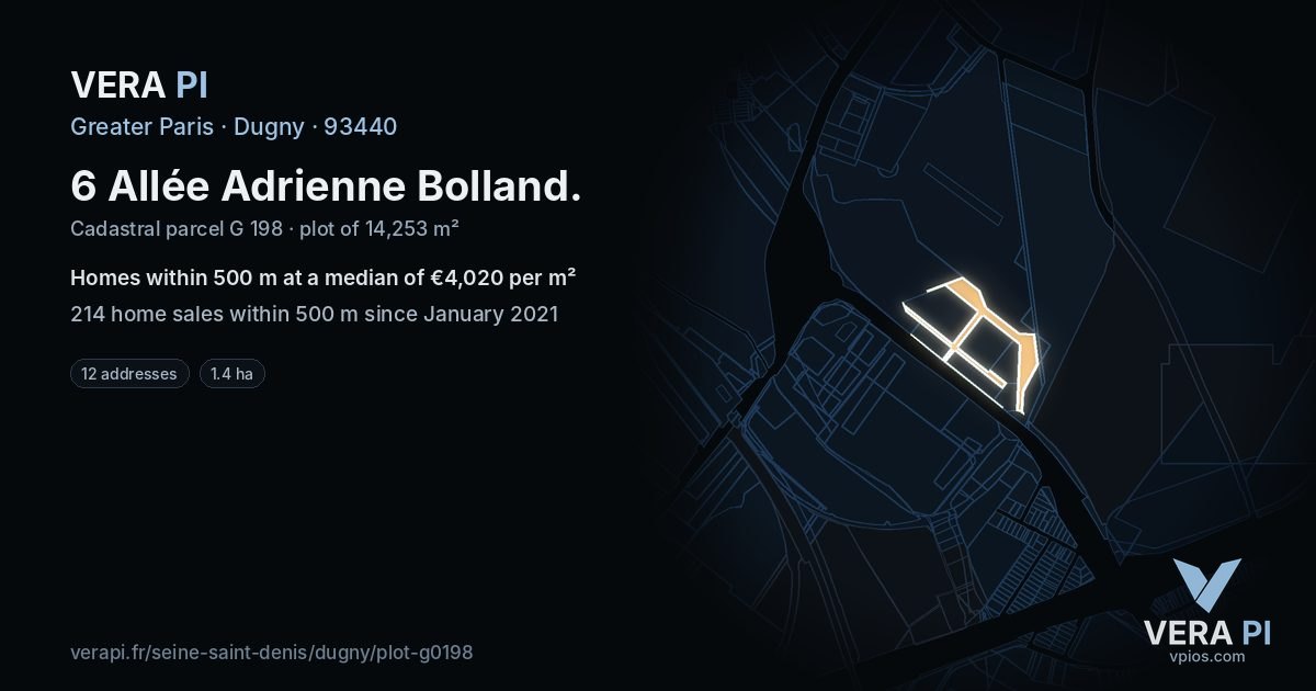 6 Allée Adrienne Bolland, Dugny at night – the plot lit, the parcels around coloured by the prices near them