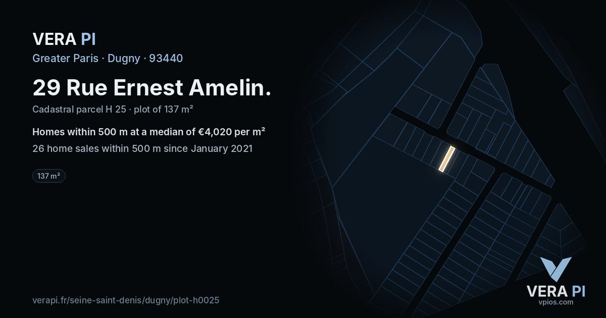 29 Rue Ernest Amelin, Dugny at night – the plot lit, the parcels around coloured by the prices near them
