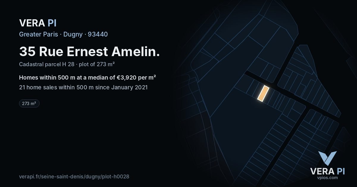 35 Rue Ernest Amelin, Dugny at night – the plot lit, the parcels around coloured by the prices near them
