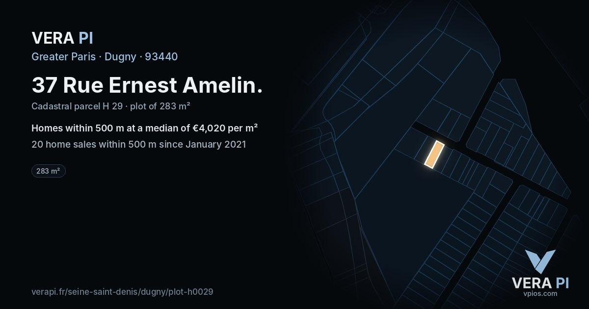 37 Rue Ernest Amelin, Dugny at night – the plot lit, the parcels around coloured by the prices near them