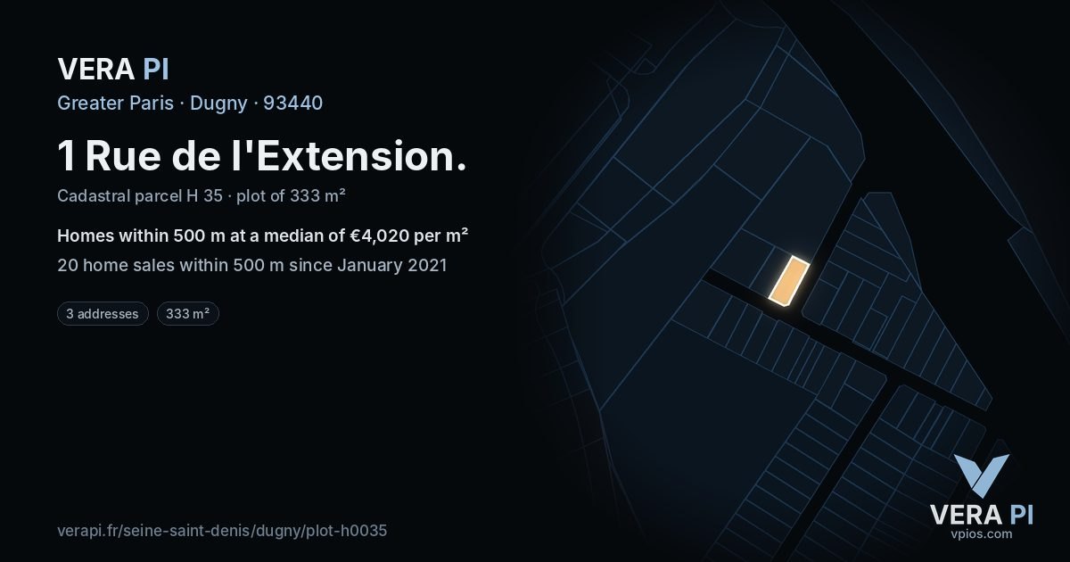 1 Rue de l'Extension, Dugny at night – the plot lit, the parcels around coloured by the prices near them