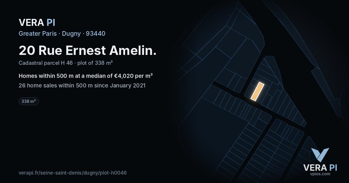 20 Rue Ernest Amelin, Dugny at night – the plot lit, the parcels around coloured by the prices near them