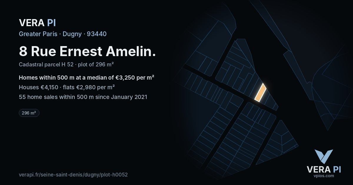 8 Rue Ernest Amelin, Dugny at night – the plot lit, the parcels around coloured by the prices near them