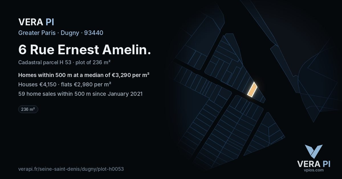 6 Rue Ernest Amelin, Dugny at night – the plot lit, the parcels around coloured by the prices near them