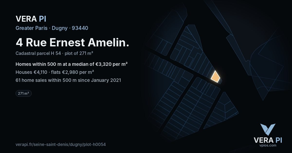 4 Rue Ernest Amelin, Dugny at night – the plot lit, the parcels around coloured by the prices near them