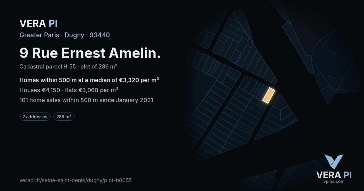 9 Rue Ernest Amelin, Dugny at night – the plot lit, the parcels around coloured by the prices near them
