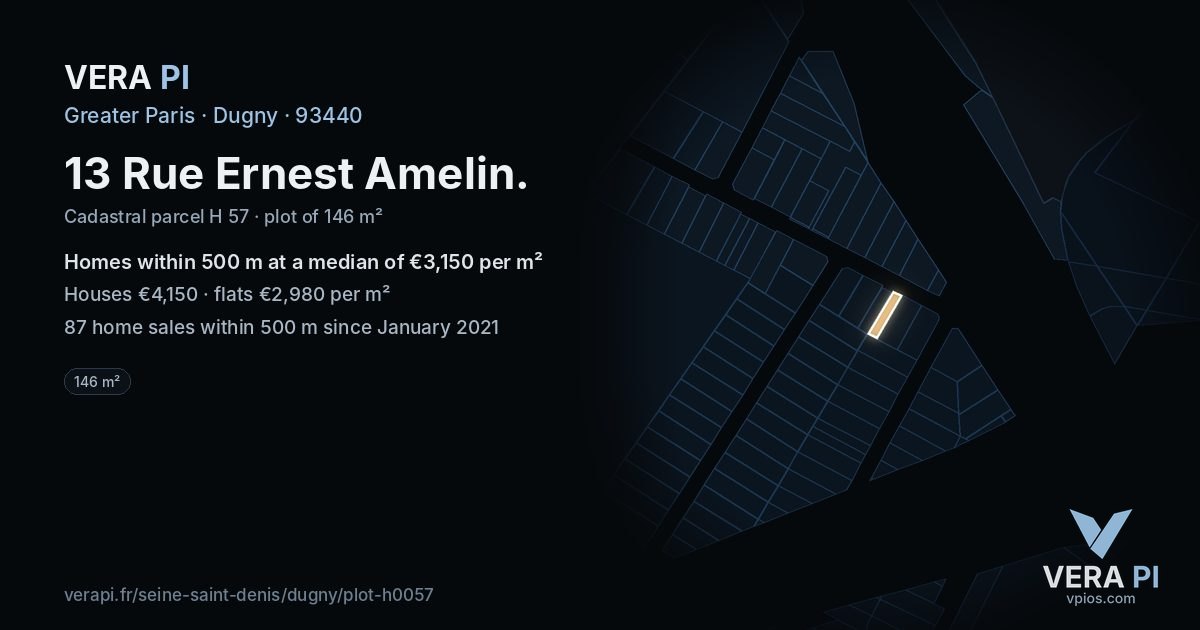 13 Rue Ernest Amelin, Dugny at night – the plot lit, the parcels around coloured by the prices near them