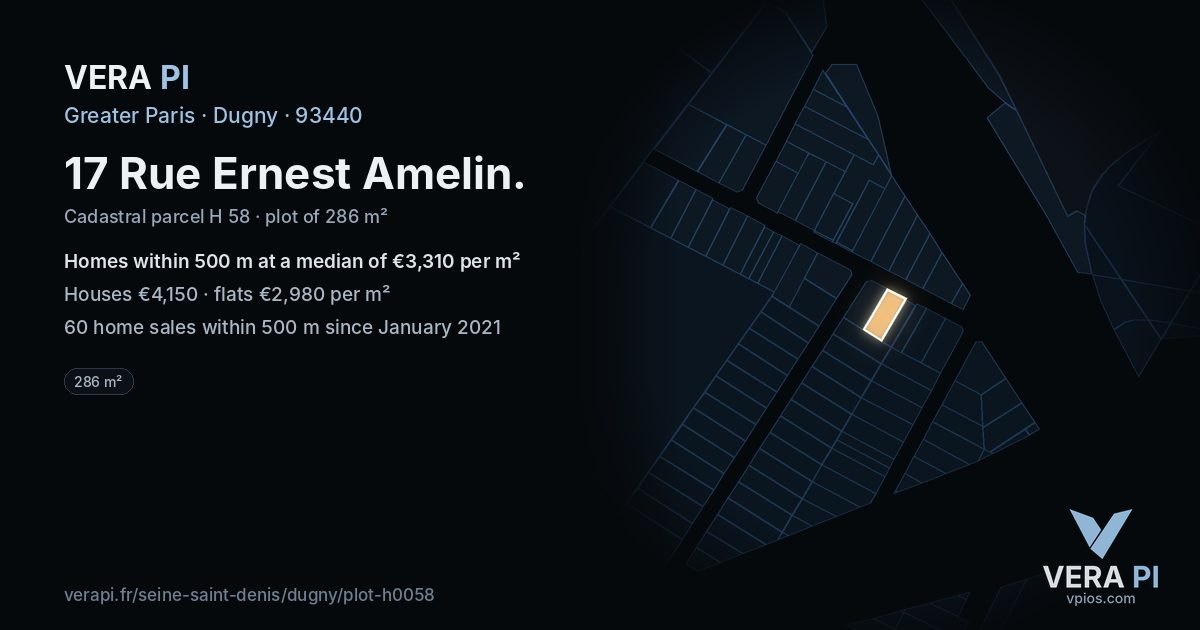 17 Rue Ernest Amelin, Dugny at night – the plot lit, the parcels around coloured by the prices near them