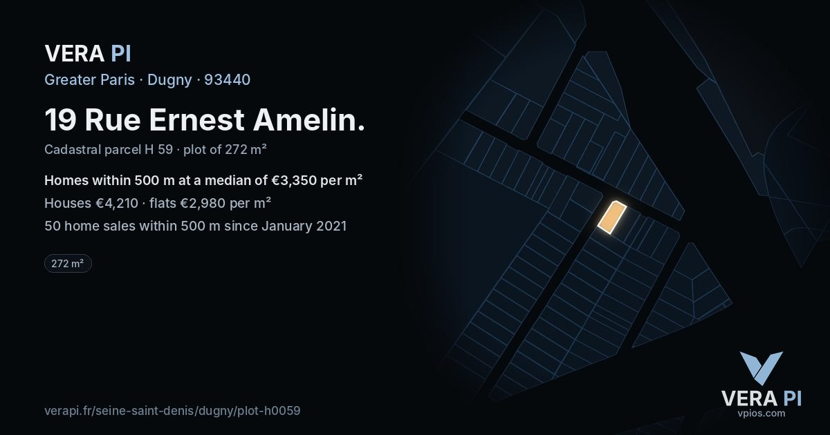 19 Rue Ernest Amelin, Dugny at night – the plot lit, the parcels around coloured by the prices near them