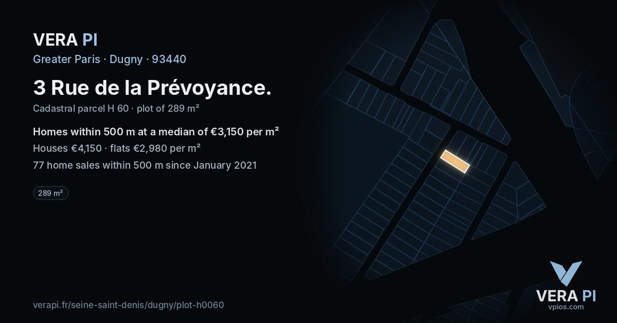 3 Rue de la Prévoyance, Dugny at night – the plot lit, the parcels around coloured by the prices near them