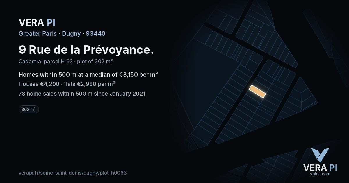 9 Rue de la Prévoyance, Dugny at night – the plot lit, the parcels around coloured by the prices near them