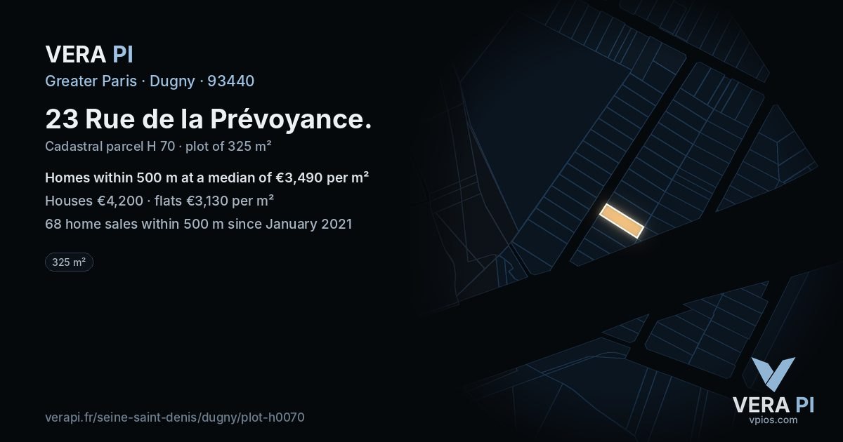 23 Rue de la Prévoyance, Dugny at night – the plot lit, the parcels around coloured by the prices near them