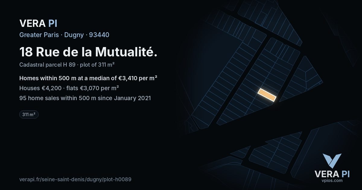 18 Rue de la Mutualité, Dugny at night – the plot lit, the parcels around coloured by the prices near them