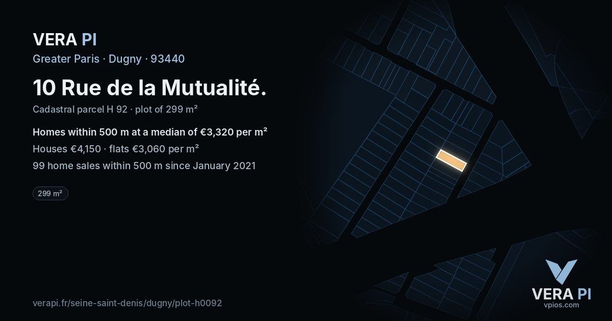 10 Rue de la Mutualité, Dugny at night – the plot lit, the parcels around coloured by the prices near them