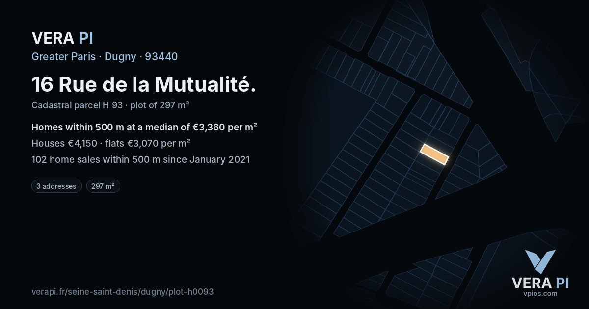 16 Rue de la Mutualité, Dugny at night – the plot lit, the parcels around coloured by the prices near them