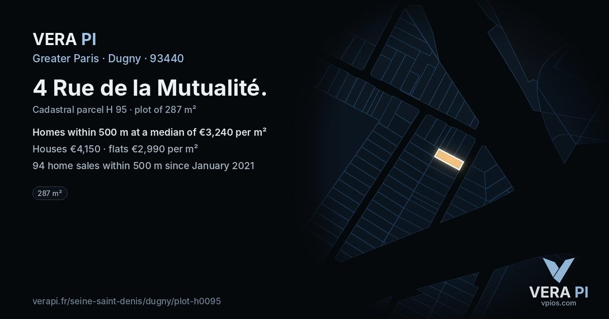 4 Rue de la Mutualité, Dugny at night – the plot lit, the parcels around coloured by the prices near them