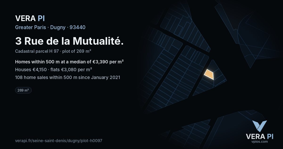 3 Rue de la Mutualité, Dugny at night – the plot lit, the parcels around coloured by the prices near them
