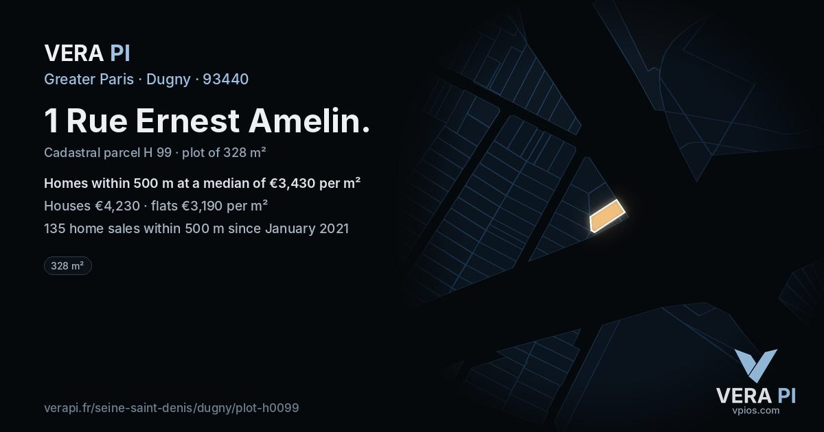 1 Rue Ernest Amelin, Dugny at night – the plot lit, the parcels around coloured by the prices near them