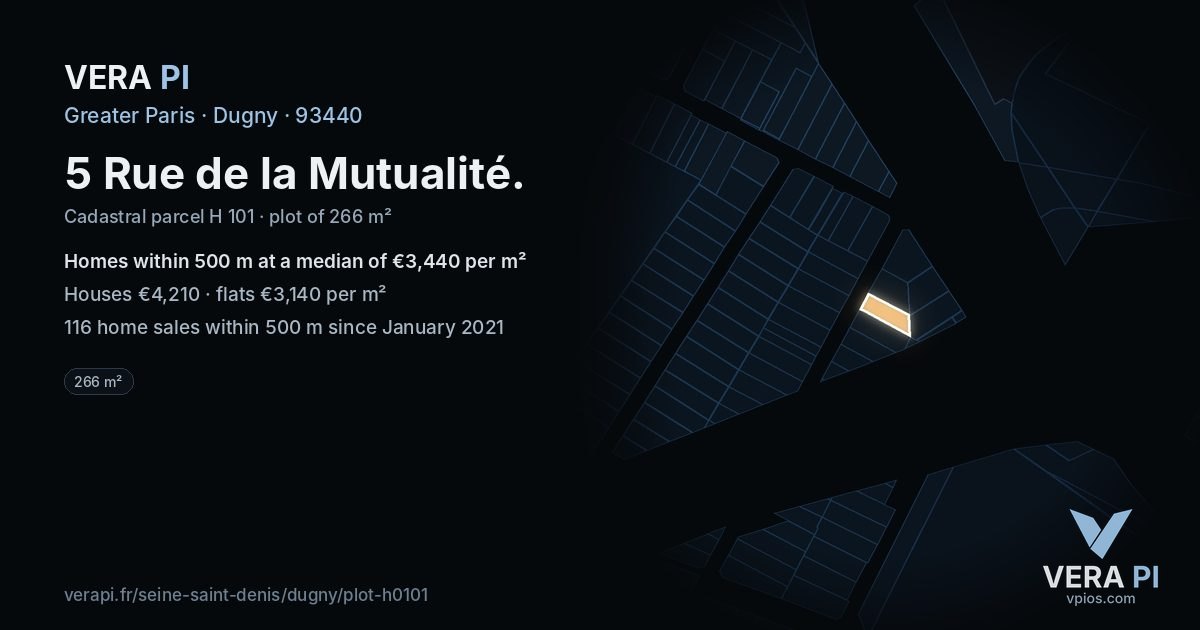 5 Rue de la Mutualité, Dugny at night – the plot lit, the parcels around coloured by the prices near them