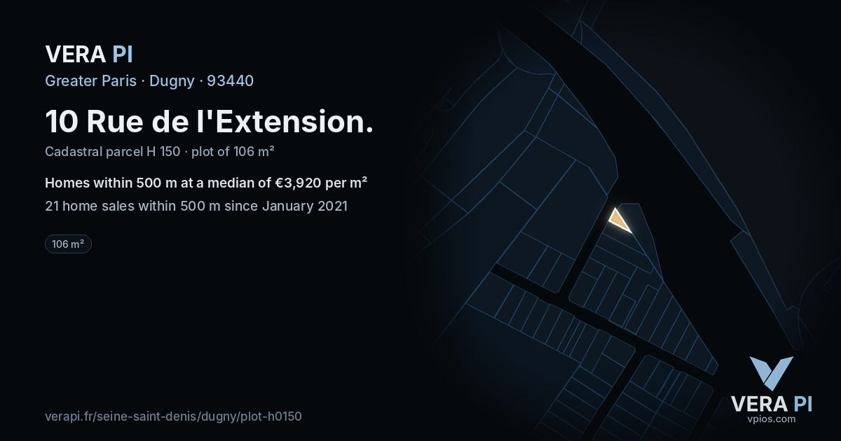 10 Rue de l'Extension, Dugny at night – the plot lit, the parcels around coloured by the prices near them