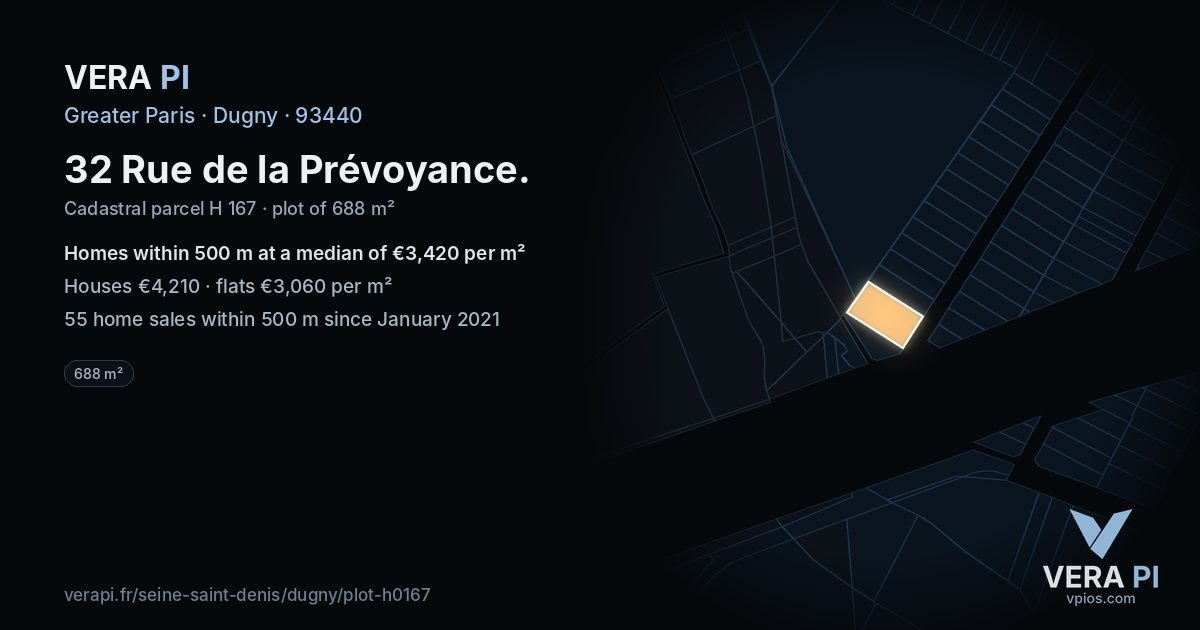 32 Rue de la Prévoyance, Dugny at night – the plot lit, the parcels around coloured by the prices near them