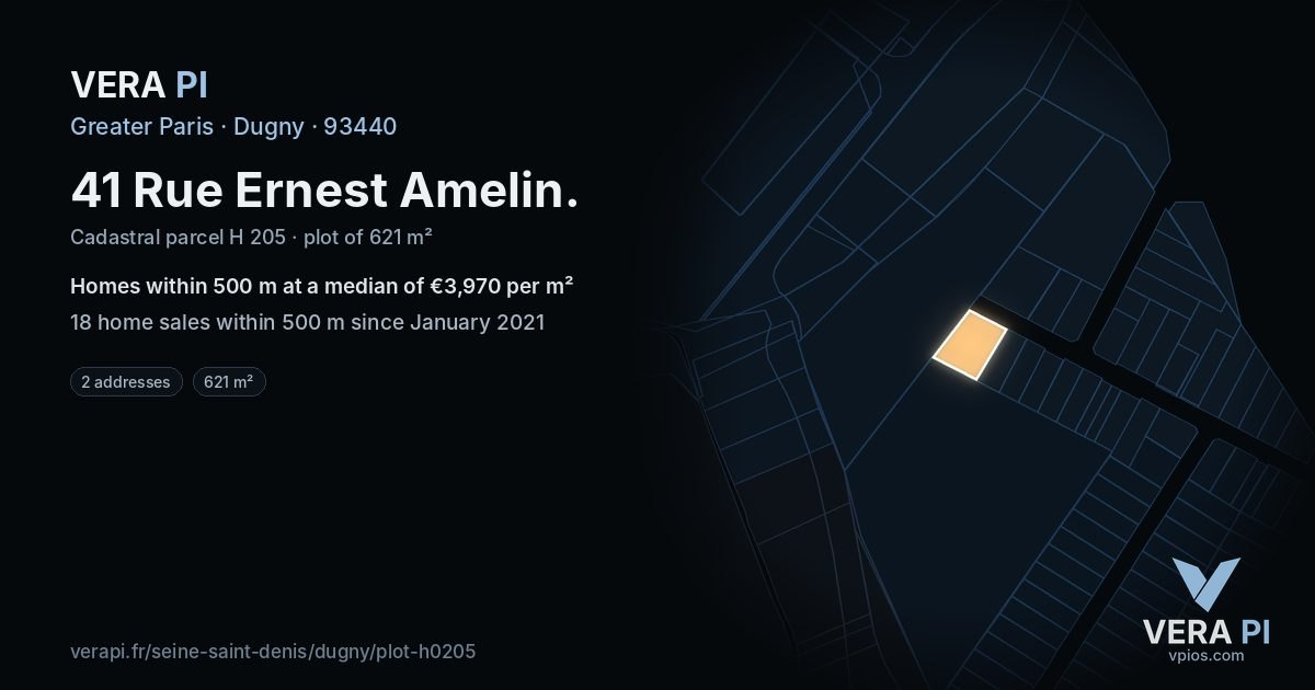 41 Rue Ernest Amelin, Dugny at night – the plot lit, the parcels around coloured by the prices near them