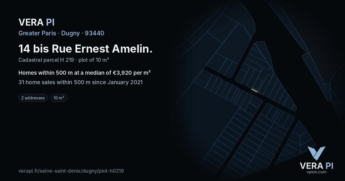 14 bis Rue Ernest Amelin, Dugny at night – the plot lit, the parcels around coloured by the prices near them