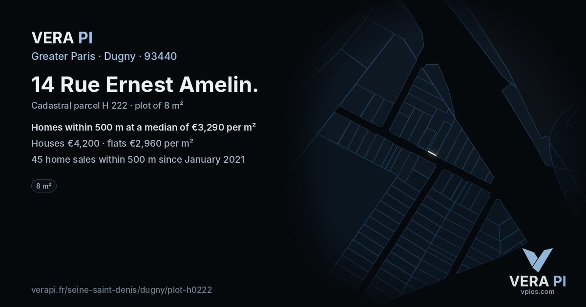 14 Rue Ernest Amelin, Dugny at night – the plot lit, the parcels around coloured by the prices near them