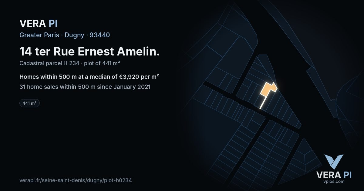 14 ter Rue Ernest Amelin, Dugny at night – the plot lit, the parcels around coloured by the prices near them
