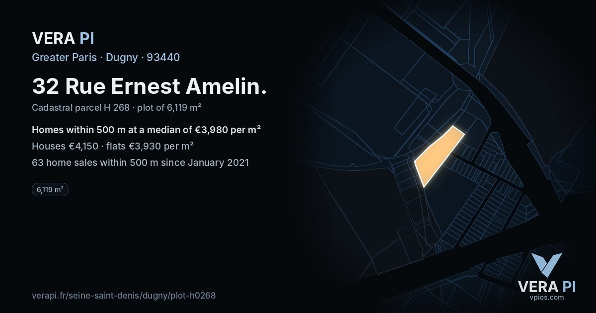 32 Rue Ernest Amelin, Dugny at night – the plot lit, the parcels around coloured by the prices near them