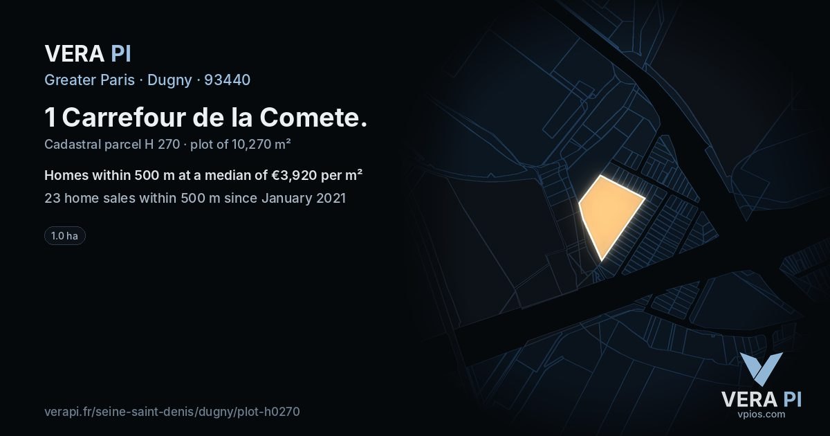 1 Carrefour de la Comete, Dugny at night – the plot lit, the parcels around coloured by the prices near them
