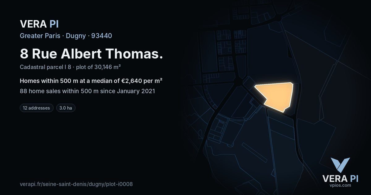 8 Rue Albert Thomas, Dugny at night – the plot lit, the parcels around coloured by the prices near them