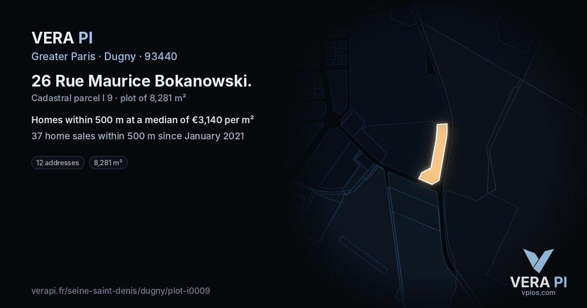 26 Rue Maurice Bokanowski, Dugny at night – the plot lit, the parcels around coloured by the prices near them