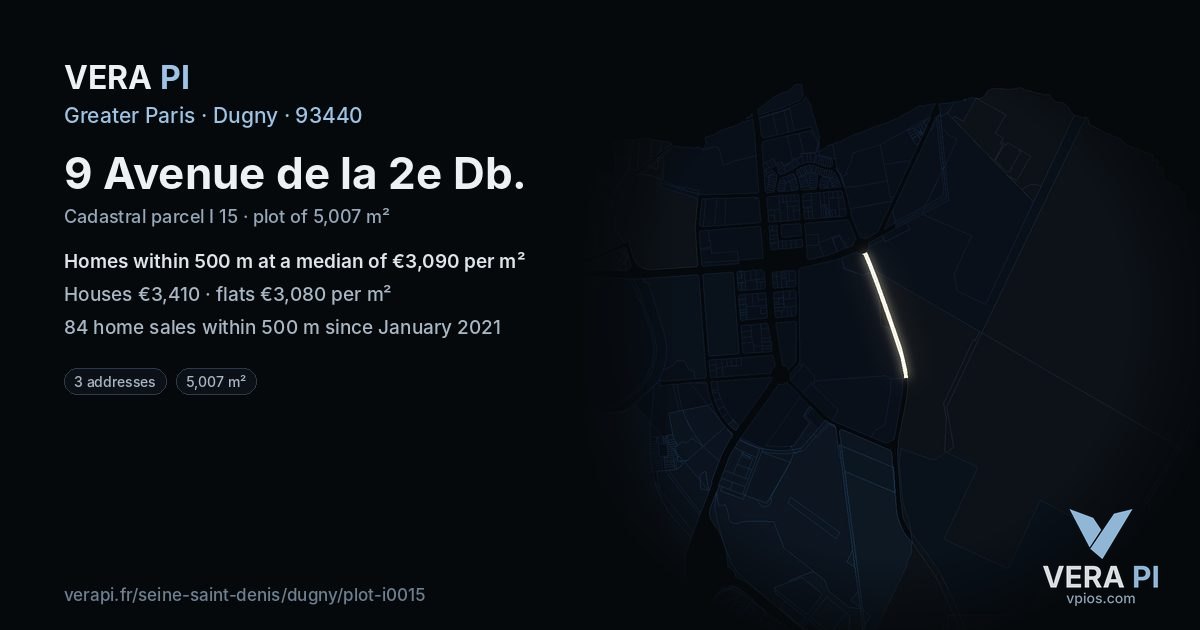 9 Avenue de la 2e Db, Dugny at night – the plot lit, the parcels around coloured by the prices near them